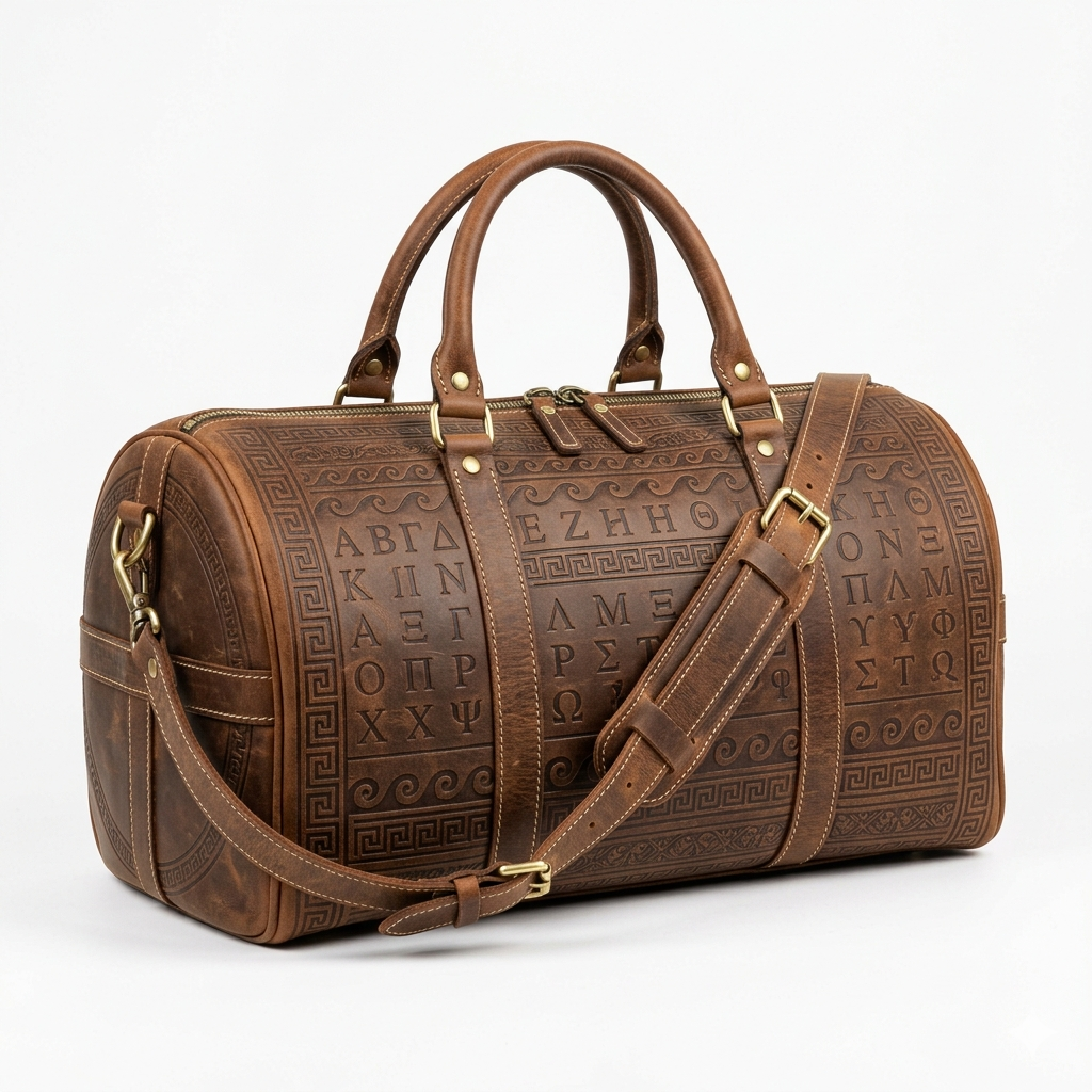 Greek Embossed Leather Travel Duffle Bag